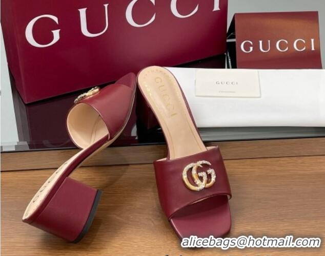 Generous Gucci Leather Heel Slides Sandal 5.5cm with Strass Double G Burgundy 2025 817257