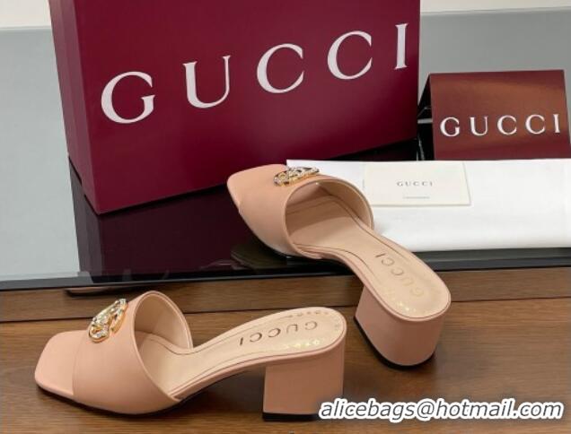 Fashion Gucci Leather Heel Slides Sandal 5.5cm with Strass Double G Light Pink 2025 817257