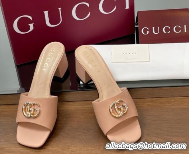 Fashion Gucci Leather Heel Slides Sandal 5.5cm with Strass Double G Light Pink 2025 817257