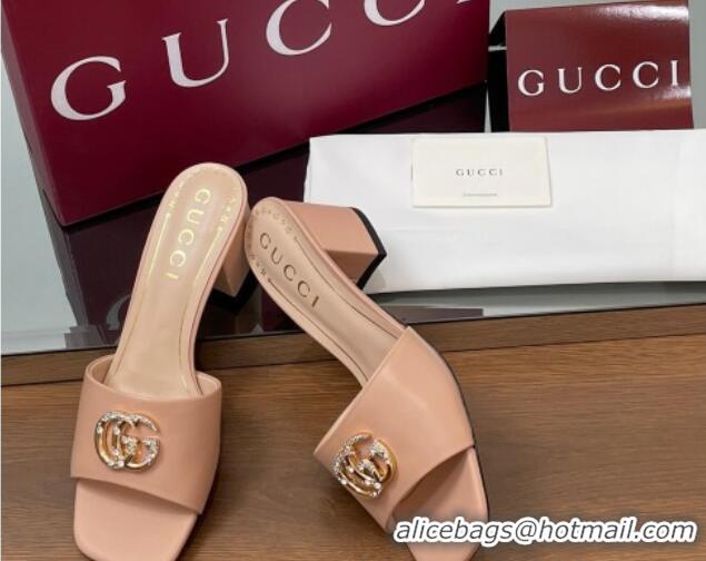 Fashion Gucci Leather Heel Slides Sandal 5.5cm with Strass Double G Light Pink 2025 817257