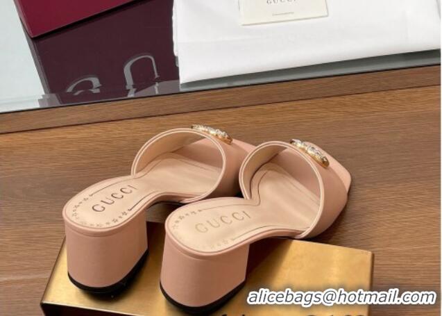 Fashion Gucci Leather Heel Slides Sandal 5.5cm with Strass Double G Light Pink 2025 817257