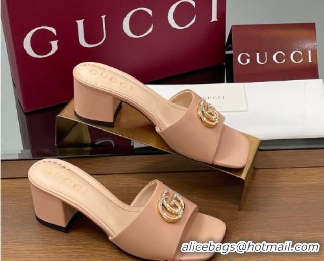 Fashion Gucci Leather Heel Slides Sandal 5.5cm with Strass Double G Light Pink 2025 817257