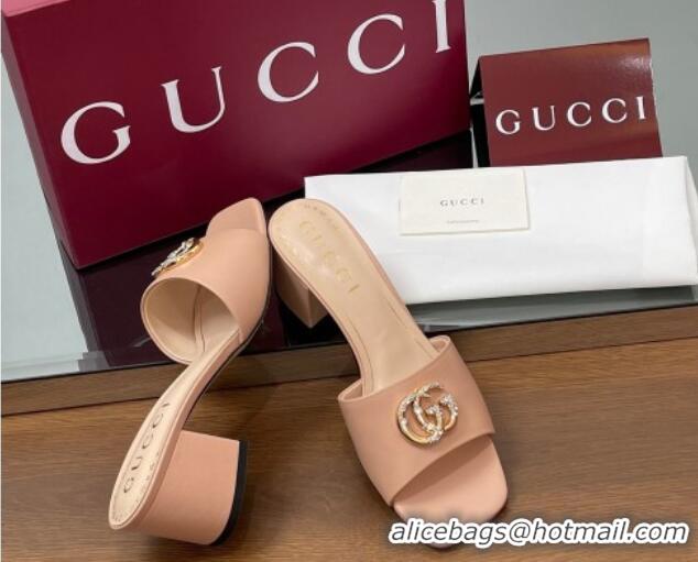 Fashion Gucci Leather Heel Slides Sandal 5.5cm with Strass Double G Light Pink 2025 817257