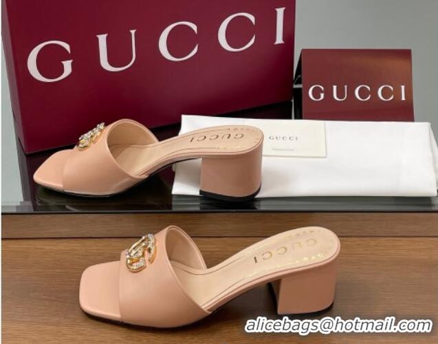 Fashion Gucci Leather Heel Slides Sandal 5.5cm with Strass Double G Light Pink 2025 817257
