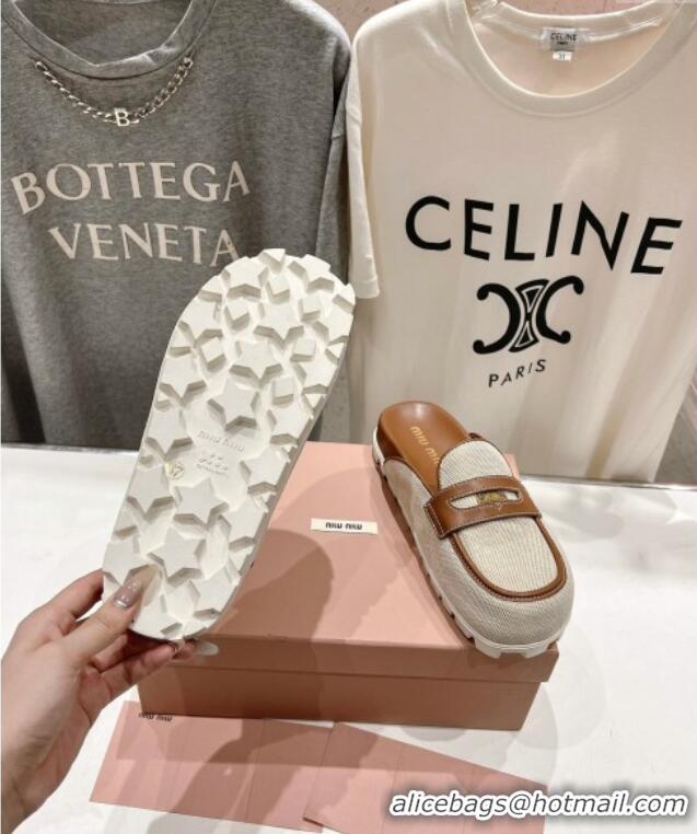 ​Spot Bulk Miu Miu Penny Leather and Canvas Platform Mules M0426 Brown 2025