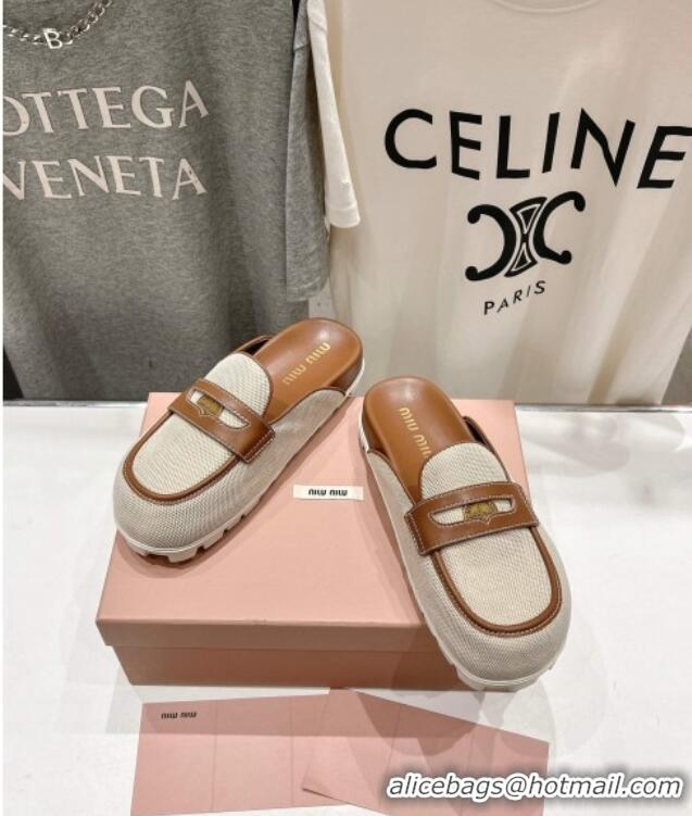 ​Spot Bulk Miu Miu Penny Leather and Canvas Platform Mules M0426 Brown 2025
