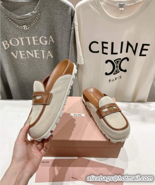 ​Spot Bulk Miu Miu Penny Leather and Canvas Platform Mules M0426 Brown 2025