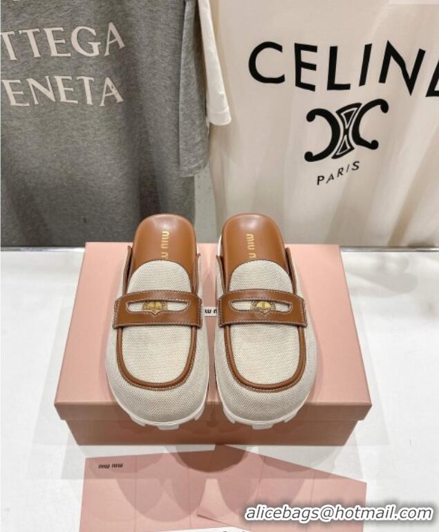 ​Spot Bulk Miu Miu Penny Leather and Canvas Platform Mules M0426 Brown 2025