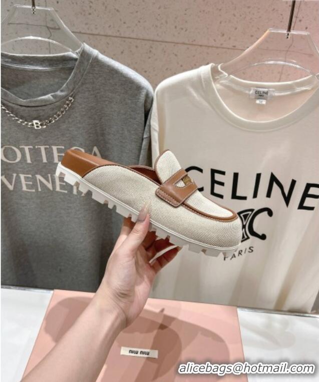 ​Spot Bulk Miu Miu Penny Leather and Canvas Platform Mules M0426 Brown 2025