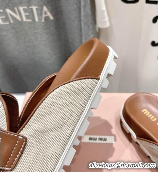 ​Spot Bulk Miu Miu Penny Leather and Canvas Platform Mules M0426 Brown 2025