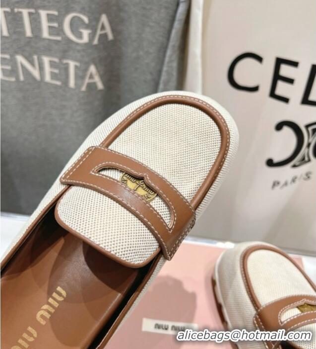 ​Spot Bulk Miu Miu Penny Leather and Canvas Platform Mules M0426 Brown 2025