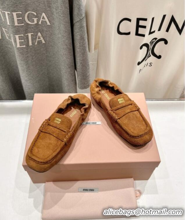​Buy Cheapest Miu Miu Suede Flat Loafers 5D341E Brown 2025