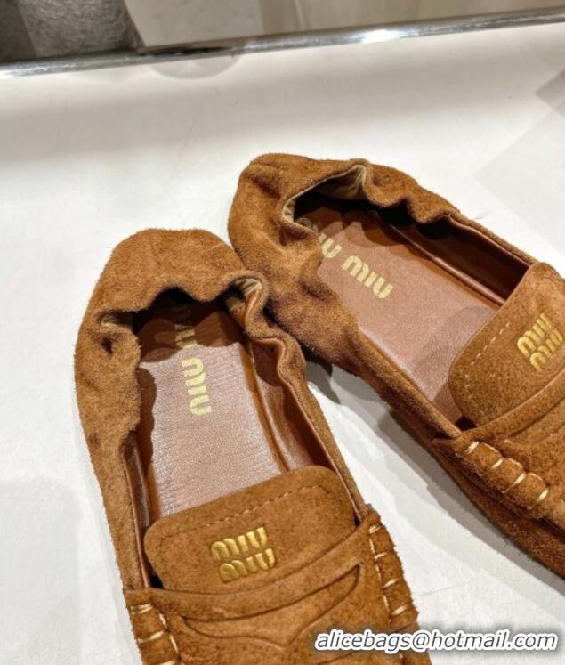 ​Buy Cheapest Miu Miu Suede Flat Loafers 5D341E Brown 2025