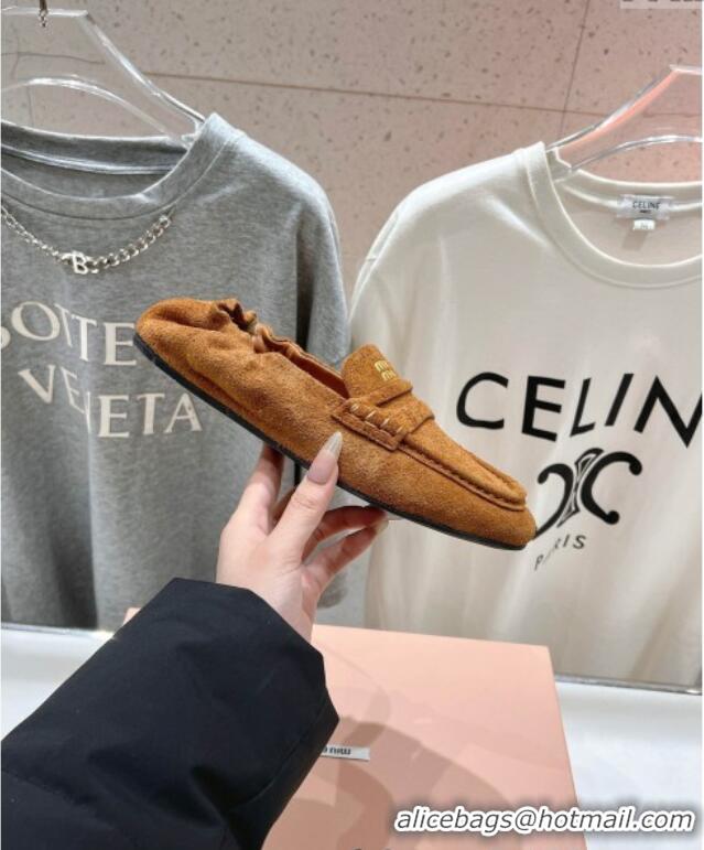 ​Buy Cheapest Miu Miu Suede Flat Loafers 5D341E Brown 2025