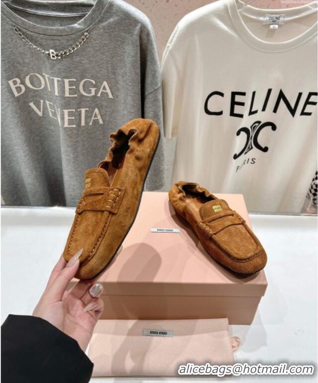 ​Buy Cheapest Miu Miu Suede Flat Loafers 5D341E Brown 2025