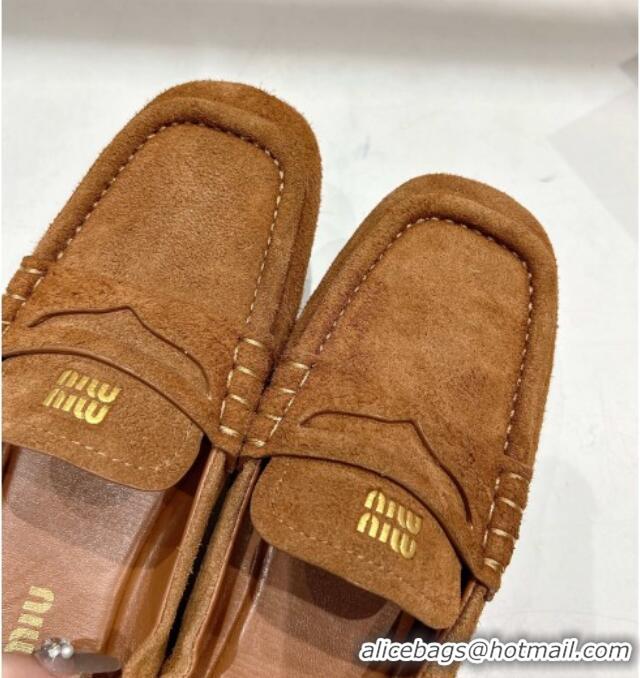 ​Buy Cheapest Miu Miu Suede Flat Loafers 5D341E Brown 2025