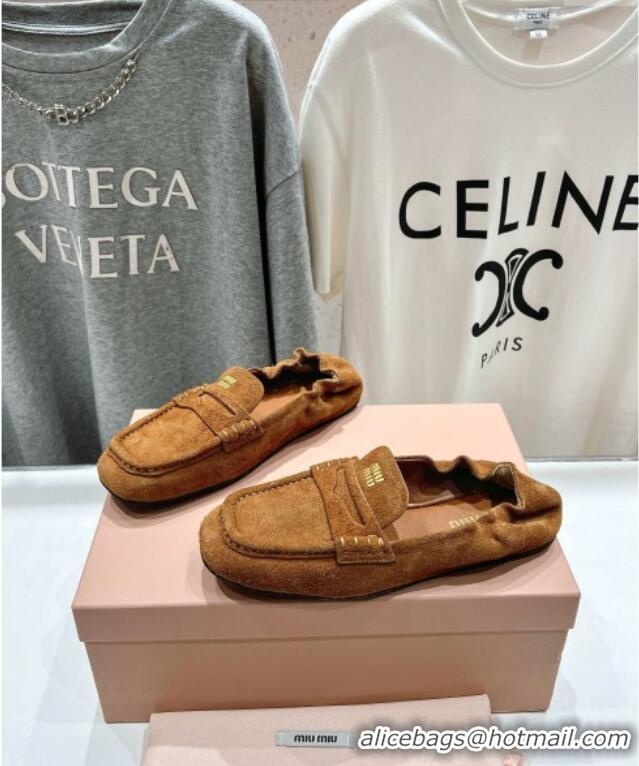 ​Buy Cheapest Miu Miu Suede Flat Loafers 5D341E Brown 2025