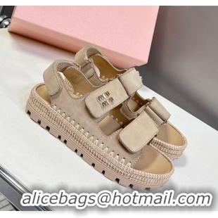 ​New Release Creation Miu Miu Suede Strap Sandals with Straw Detail M6053 Beige 2025
