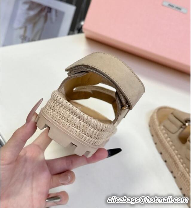 ​New Release Creation Miu Miu Suede Strap Sandals with Straw Detail M6053 Beige 2025