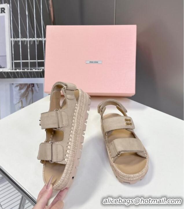 ​New Release Creation Miu Miu Suede Strap Sandals with Straw Detail M6053 Beige 2025