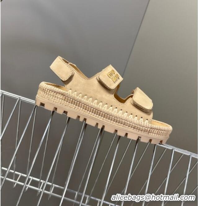 ​New Release Creation Miu Miu Suede Strap Sandals with Straw Detail M6053 Beige 2025