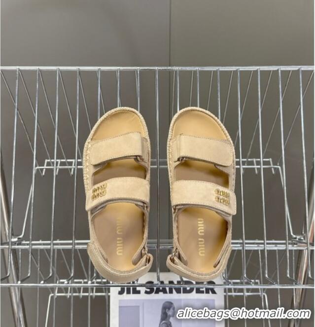 ​New Release Creation Miu Miu Suede Strap Sandals with Straw Detail M6053 Beige 2025