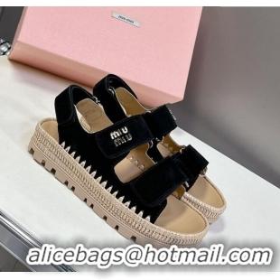 ​Classic Discount Miu Miu Suede Strap Sandals with Straw Detail M6053 Black 2025