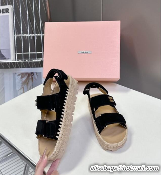 ​Classic Discount Miu Miu Suede Strap Sandals with Straw Detail M6053 Black 2025