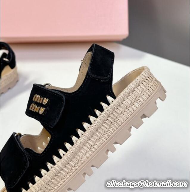 ​Classic Discount Miu Miu Suede Strap Sandals with Straw Detail M6053 Black 2025