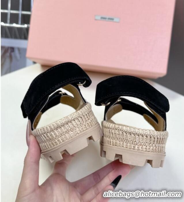 ​Classic Discount Miu Miu Suede Strap Sandals with Straw Detail M6053 Black 2025