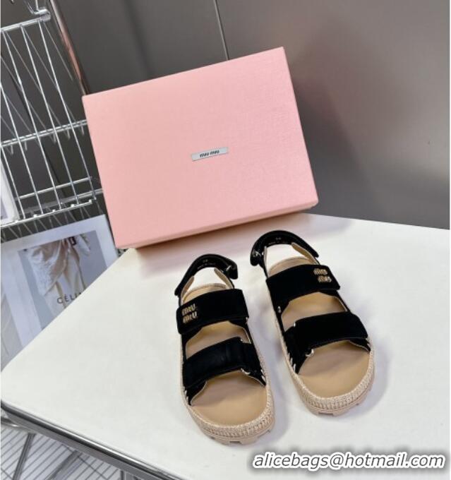 ​Classic Discount Miu Miu Suede Strap Sandals with Straw Detail M6053 Black 2025