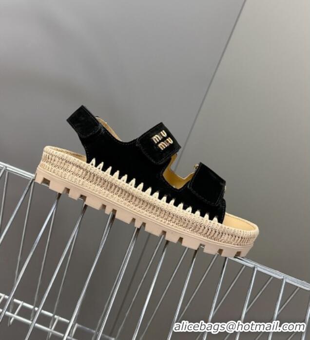 ​Classic Discount Miu Miu Suede Strap Sandals with Straw Detail M6053 Black 2025