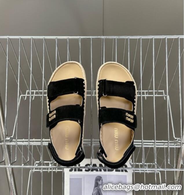 ​Classic Discount Miu Miu Suede Strap Sandals with Straw Detail M6053 Black 2025