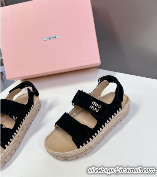 ​Classic Discount Miu Miu Suede Strap Sandals with Straw Detail M6053 Black 2025