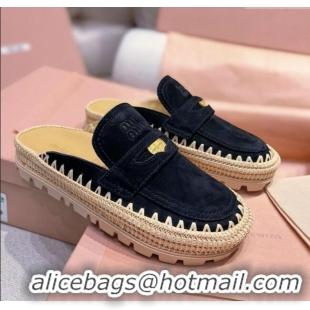 ​Best Product Miu Miu Penny Suede Platform Mules 3.5cm with Straw Detail M6055 Black 2025