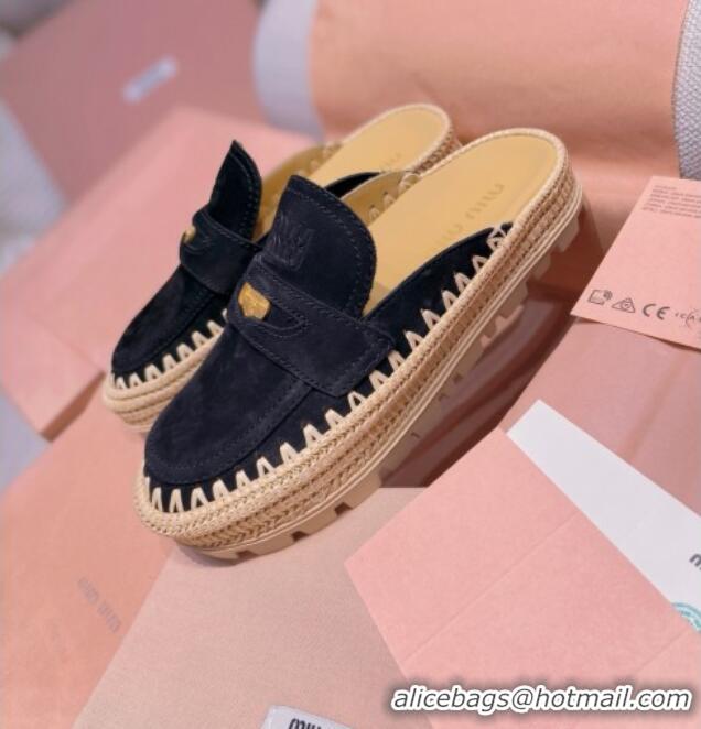 ​Best Product Miu Miu Penny Suede Platform Mules 3.5cm with Straw Detail M6055 Black 2025