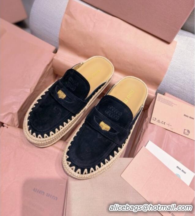 ​Best Product Miu Miu Penny Suede Platform Mules 3.5cm with Straw Detail M6055 Black 2025