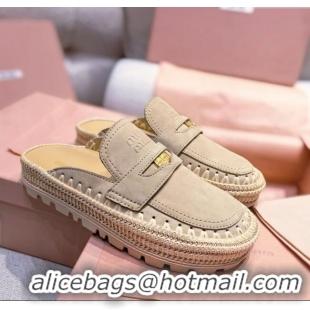 ​Sophisticated Miu Miu Penny Suede Platform Mules 3.5cm with Straw Detail M6055 Beige 2025