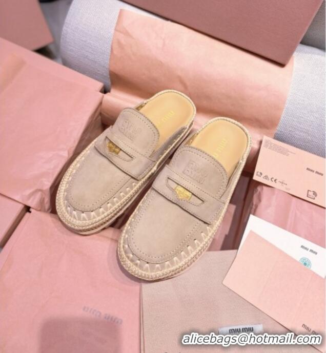 ​Sophisticated Miu Miu Penny Suede Platform Mules 3.5cm with Straw Detail M6055 Beige 2025