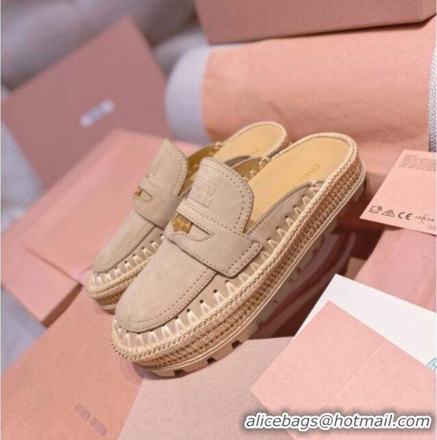 ​Sophisticated Miu Miu Penny Suede Platform Mules 3.5cm with Straw Detail M6055 Beige 2025