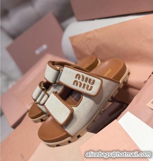 Chic Cheap Miu Miu Canvas and Leather Platform Slides Sandal 3cm 5XX658 Brown 2025