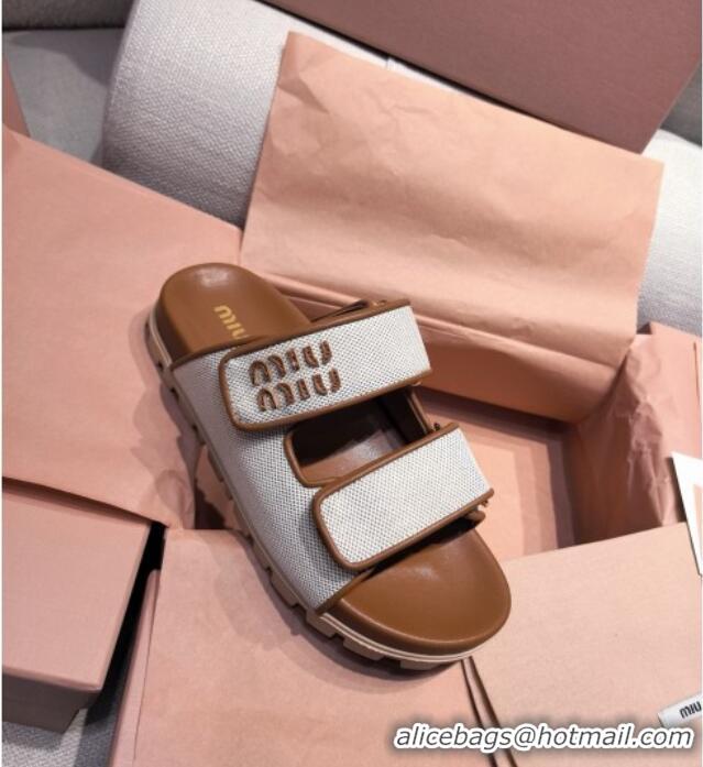 Chic Cheap Miu Miu Canvas and Leather Platform Slides Sandal 3cm 5XX658 Brown 2025