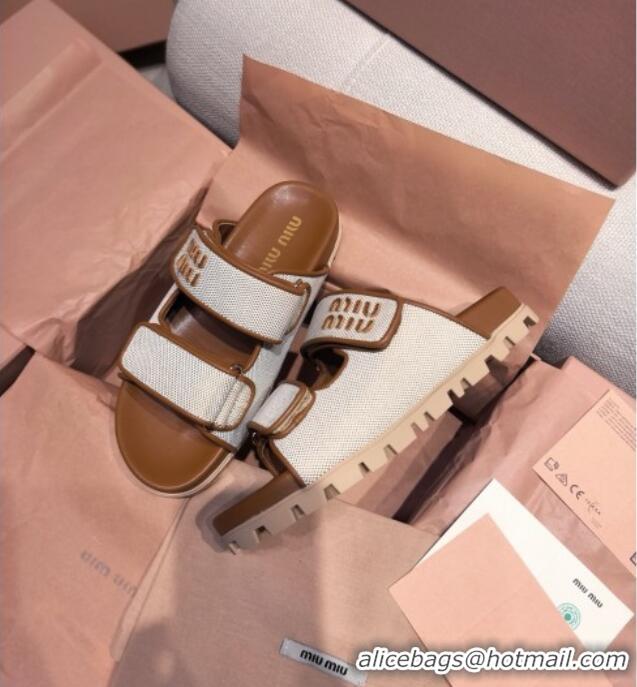 Chic Cheap Miu Miu Canvas and Leather Platform Slides Sandal 3cm 5XX658 Brown 2025