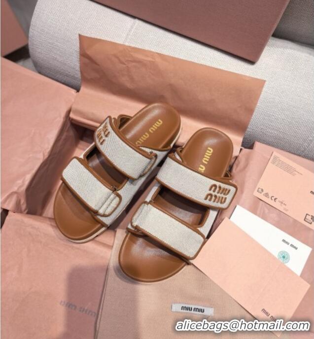 Chic Cheap Miu Miu Canvas and Leather Platform Slides Sandal 3cm 5XX658 Brown 2025