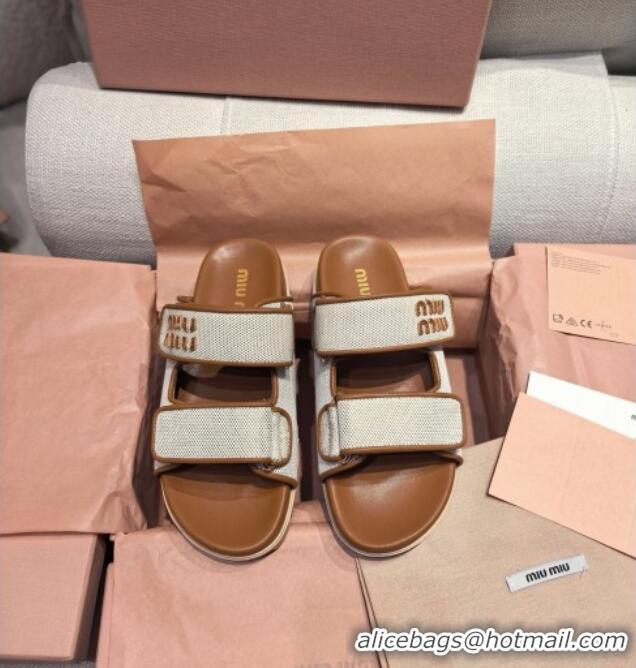 Chic Cheap Miu Miu Canvas and Leather Platform Slides Sandal 3cm 5XX658 Brown 2025