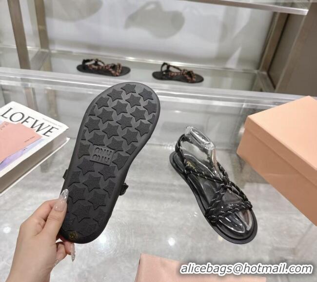 ​Inexpensive Miu Miu Riviere Cord Flat Sandals 5X420E Black 2025