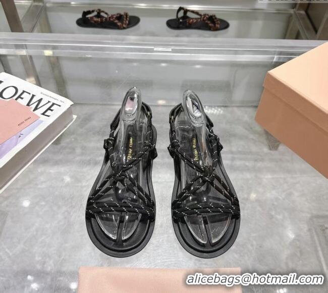 ​Inexpensive Miu Miu Riviere Cord Flat Sandals 5X420E Black 2025