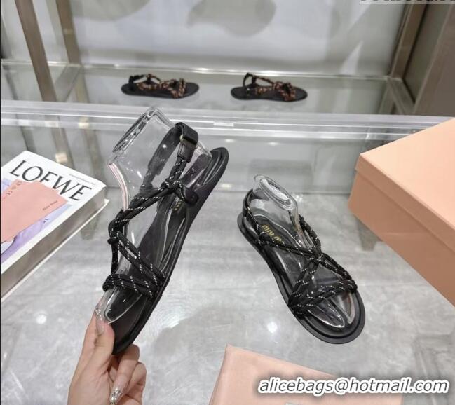​Inexpensive Miu Miu Riviere Cord Flat Sandals 5X420E Black 2025