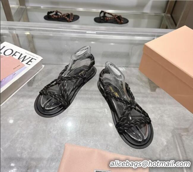 ​Inexpensive Miu Miu Riviere Cord Flat Sandals 5X420E Black 2025