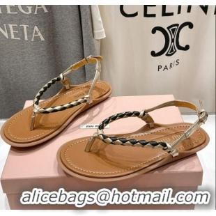 Modern Classic Miu Miu Braided Leather Flat Thong Sandals 042601 Brown/Gold 2025